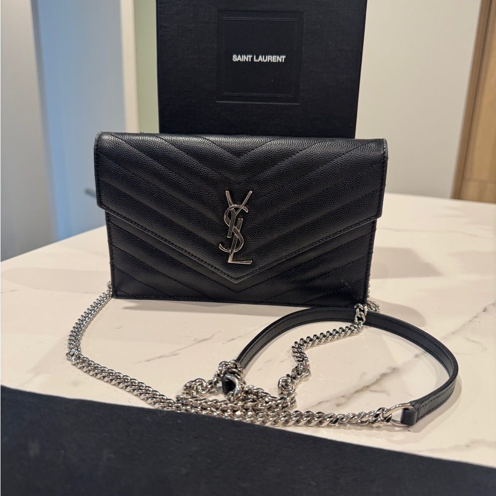 Saint Laurent Black Quilted Leather Chain Crossbody Bag with Silver YSL